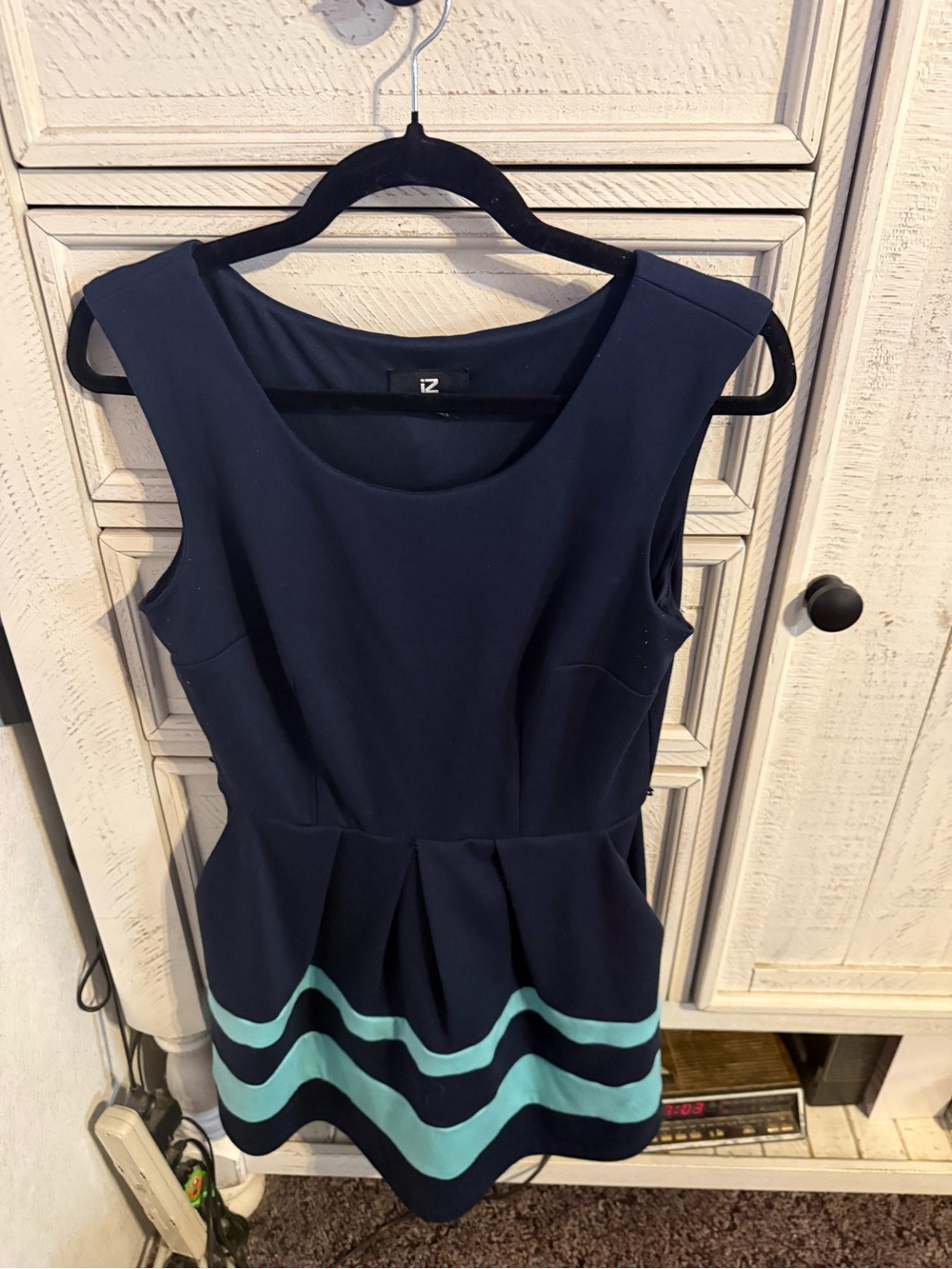 Iz Byer Navy Dress with Aqua Stripe Hem